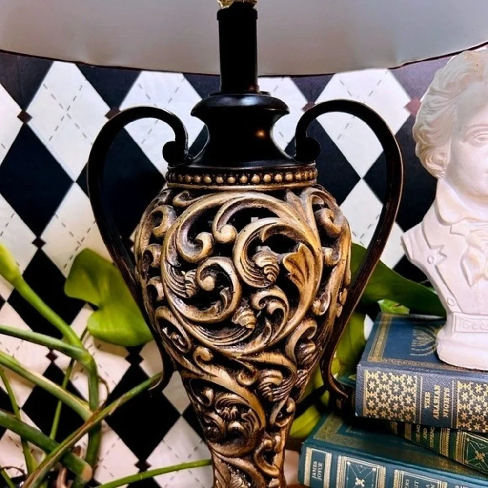 Moody Vintage Table Lamp‎ with Deep Burgundy Shade| Ornate Baroque Decor